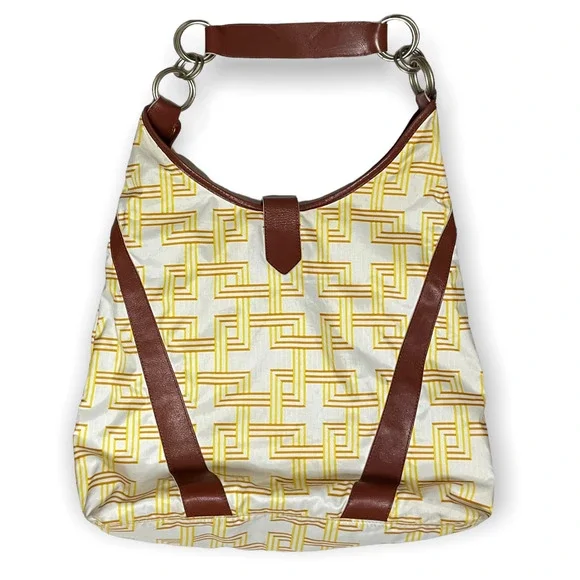 LeSportsac Yellow, White & Brown Nylon Hobo Bag With Faux Leather Trim, Rare - Picture 2 of 12